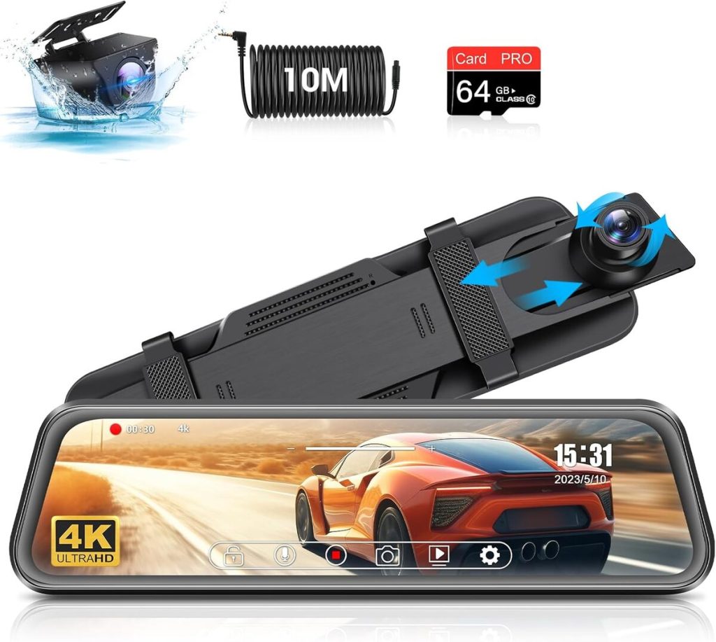 Dashcam Rétroviseur 4K WiFi 12" – Caméra Avant + Arrière + Carte 64GB – Vision Nocturne, WDR, GPS, Parking 24h, Écran Tactile, Type-C
