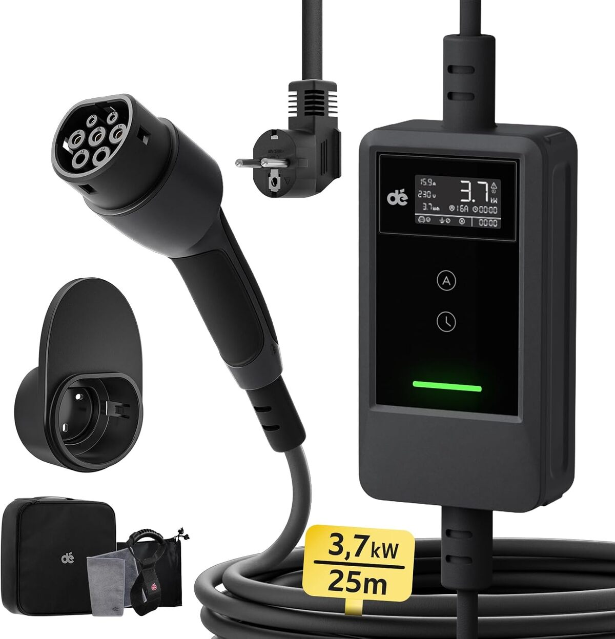Chargeur Voiture électrique Portable 7,4 KW - Type 2, 20 M, Réglable 6A-32A, Compatible Tesla, Renault, VW, Etc.