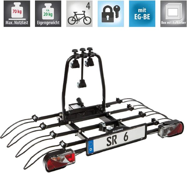 Bullwing SR6 Porte-vélos pliable pour 4 vélos sur OPEL Vectra - Fermeture rapide pour montage rapide sur le crochet d'attelage