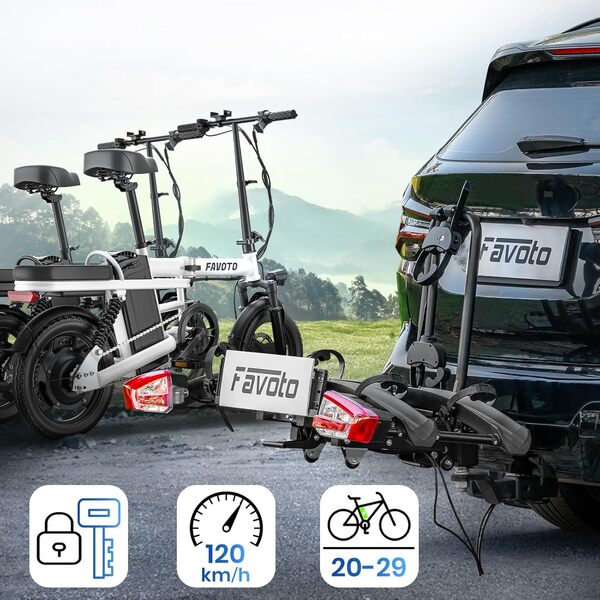 Favoto Porte-Vélos pour E-Bike sur Attelage - Pliable Antivol pour 2 Vélos avec Roues de 20-29 Pouces Max 26 * 4.0 pour Accès au Coffre Noir