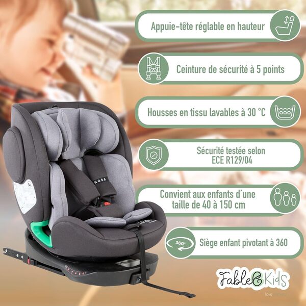 FableKids NORA Siège enfant, gris, i-Size, pivotant à 360°, 40-150 cm, Reboarder avec ISOFIX et pied de support, appuie-tête et dossier réglables en hauteur, certifié ECE R129/04