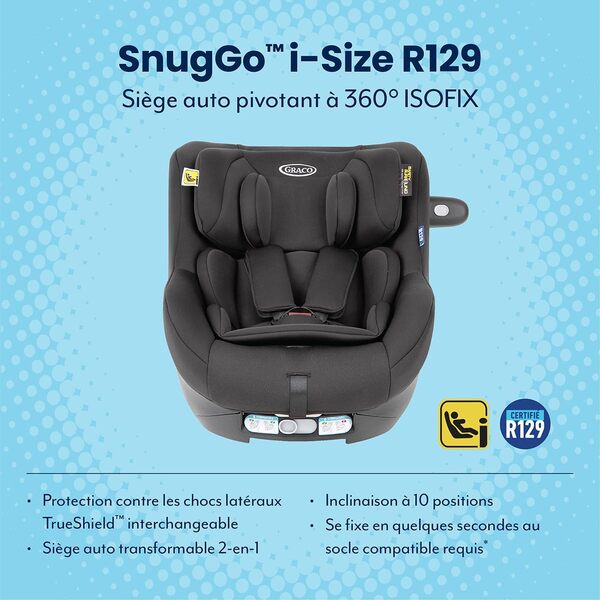 Graco SnugGo i-Size R129, siège auto rotatif à 360° ISOFIX, de 40 à 105 cm (de la naissance jusqu'à environ 4 ans), harnais à 5 points et position allongée, barre anti-rebond, noir, Midnight
