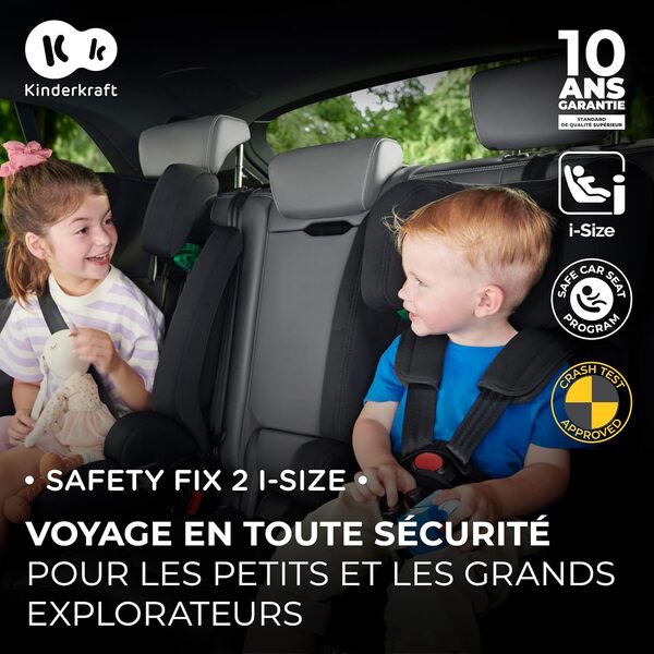Kinderkraft SAFETY-FIX2 I-SIZE 76-150 cm Siège profond auto, Isofix 9 à 36kg, de 15 mois à 12 ans, Systèmes de sécurité, L'Appui-tête réglage, Harnais à 5 points, Insert modulaire, Gris