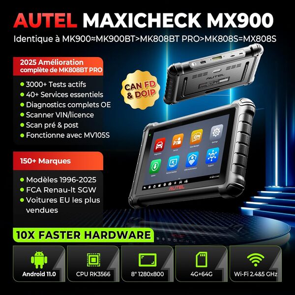 Autel MaxiCheck MX900 OBD2 Valise Diagnostic Auto, 2025 Même Fonction MaxiCOM MK900 MK900BT, Améliorée MK808BT Pro MK808S MX808S Diagnostic Voiture, 3000+ Tests Actif, DoIP& Can FD, 40+ Service, OS11
