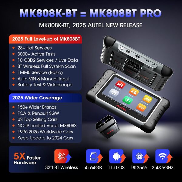 Autel MaxiCOM MK808K-BT Scanner: Android 11, Identique à MK808BT Pro, 2024 Mis à Niveau MX808S/MK808S/MK808BT Valise Diagnostic Auto, Outil Analyse Contrôle Bidirectionnel, 28+Service,Test de Batterie