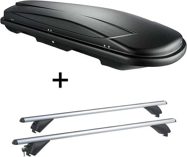 VDP Juxt 400 Coffre de toit Noir Grand Coffre de toit 400 litres verrouillable + barres de toit en aluminium de galerie pour rails sus-jacents pour Audi A4 (8K) Avant 2008-2014