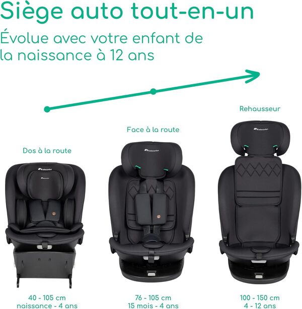 Bebeconfort RevolveFix 360 i-Size, Siège Auto Pivotant 360, 0-12 Ans, 40-150 cm, Siège Auto ISOFIX, Top Tether, Rotation 360, 6 Positions Inclinaison, 12 Positions Appui-tête, Full Black