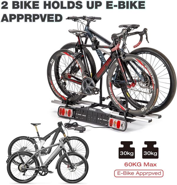 CXWXC Porte vélo électrique pour attelage de remorque 2 vélos, Charge utile maximale 60 kg, Porte-vélos d'attelage de remorque avec feu arrière