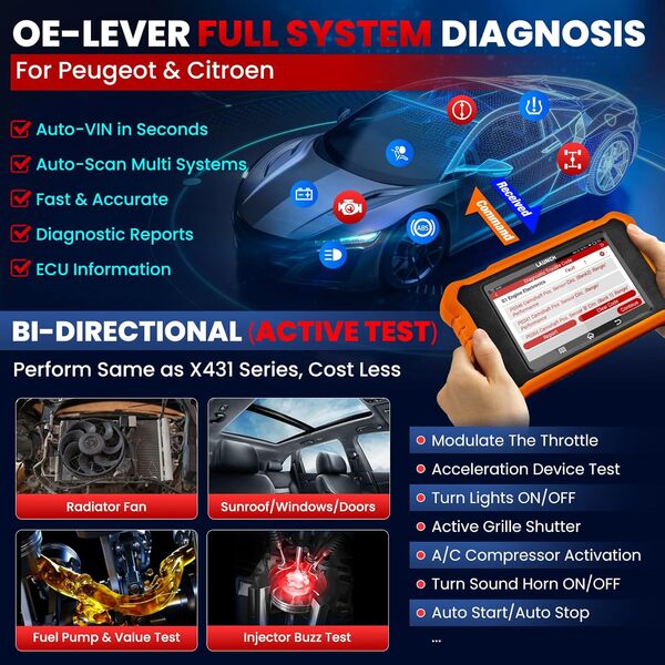 LAUNCH X431 OBD2 Elite V2.0 OBD2 pour Peugeot & pour Citroen, Système Complet de Diagnostic Bidirectionnel Qutil de Diagnostic Français,50 Fonctions Spéciales, Codage ECU, Mise à Jour Permanente