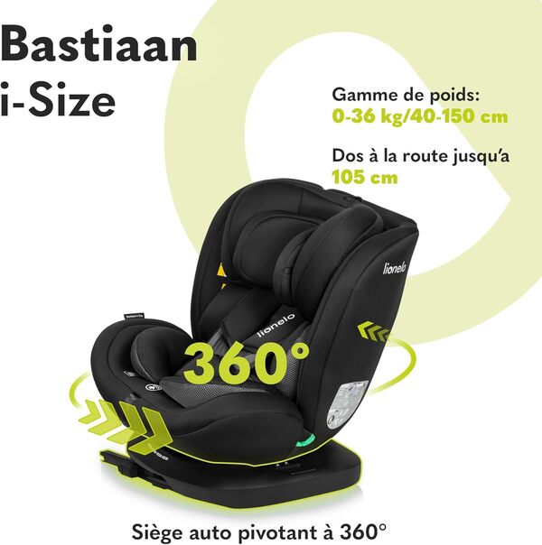LIONELO Bastiaan I-Size Siège Auto Pivotant à 360° pour les Enfants de 0 à 36 kg et de 40 à 150 cm, Installation Face et Dos à la Route, ISOFIX Sangle TopTether