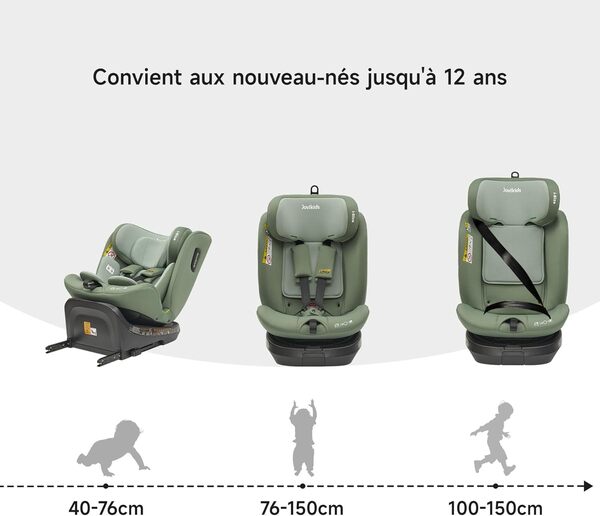 Jovikids Siege Auto, i-Size 40-150 cm, ISOFIX pour Groupe 0/1/2/3, Bébé de 0-12 ans, 0 à 36 kg Environ, ECE R129, 360° pivotant, 12 Positions d'Appui-tête, Top Tether, Siège Auto （Vert）