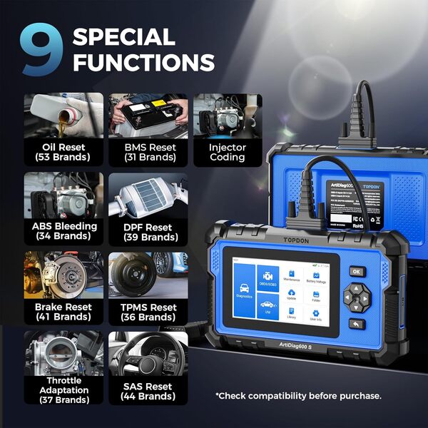 TOPDON OBD2 ArtiDiag600S Appareil de Diagnostic 9 Fonctions de Service (réinitialisation d'huile, BMS, ABS, SAS, EPB, DPF, TPMS, régulation de l'accélérateur) et 4 Diagnostics du système