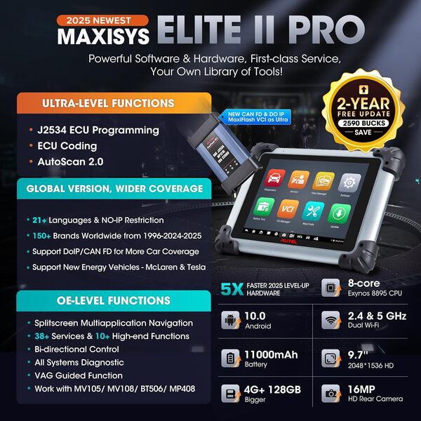 Autel Valise Diagnostic Auto MaxiSYS Elite II Pro, 2025 Mis à Niveau de MK908P II MS908SP Bidirectionnel Scanner, Programmation & Codage J2534, 38+ Services, TOU Systèmes, Mise à Jour 2 Ans