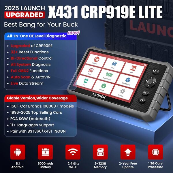 LAUNCH Valise Diagnostic Auto CRP919E Lite OBD2 - Voiture Multimarque Professionnel Diagnostic Complet du Système - Lecteur de Code de Voiture Bidirectionnel - Réinitialisation de 32+