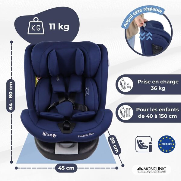 Mobiclinic®, Siège Auto, Pivotant 360º, Régulation i-size, Top Tether, Groupe 0/1/2/3, Evolutif, Max. 36 kg, Pandafix, 0-12 ans, Harnais 5 points, Réglable, Inclinable 3 positions