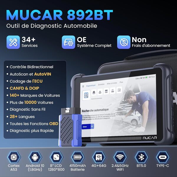 mucar 892BT AI Valise Diagnostic Auto,Bidirectionnel obd2 Diagnostic Français,Codage ECU,34+ Réinitialisations,Diagnostic de Tous Les systèmes, Guide V.A.G, FCA AutoAuth, CANFD&DOIP, Gratuit à Vie