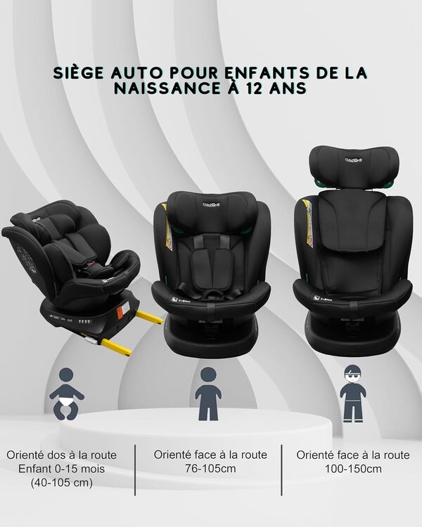 Siège Auto Bébé 0 à 36kg Isofix - Siege Auto pivotant 360° 40-150cm i-Size - 9 Positions d'Appui-tête, 5 Positions d'Inclinaison, Harnais à 5 points