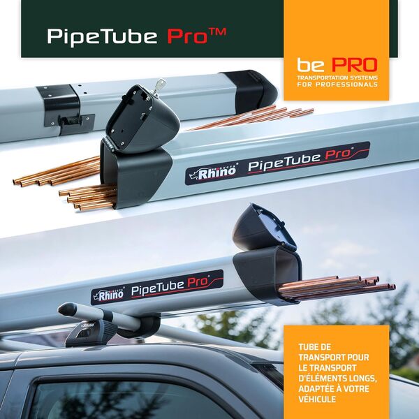 Rhino PipeTube Pro | Compatible avec Opel Vivaro 2014-2019 L1H1 / L1H2 / L2H1 / L2H2 | Tube de Transport pour Tubes, Barre de Toit pour Tubes et Barres, 5m ; Transport Sécurisé de Matériaux Longs