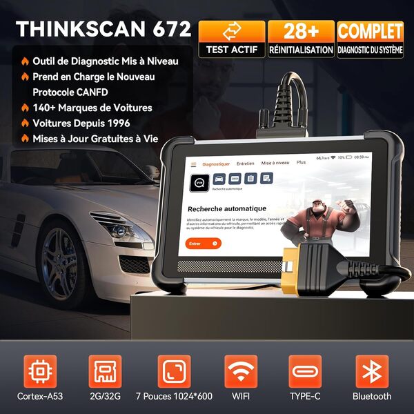 THINKCAR Valise Diagnostic Auto, ThinkScan 672 Scanner OBD2 pour Système Complet Outil de Diagnostic avec 28 Réinitialisations, Can FD, Mise à Jour Gratuite à Vie