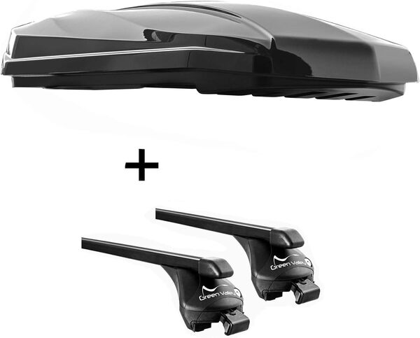 VDP Coffre de toit Strike 440 litres noir brillant + barres de toit en acier rapide L compatible avec Alfa Romeo Stelvio à partir de 2017.