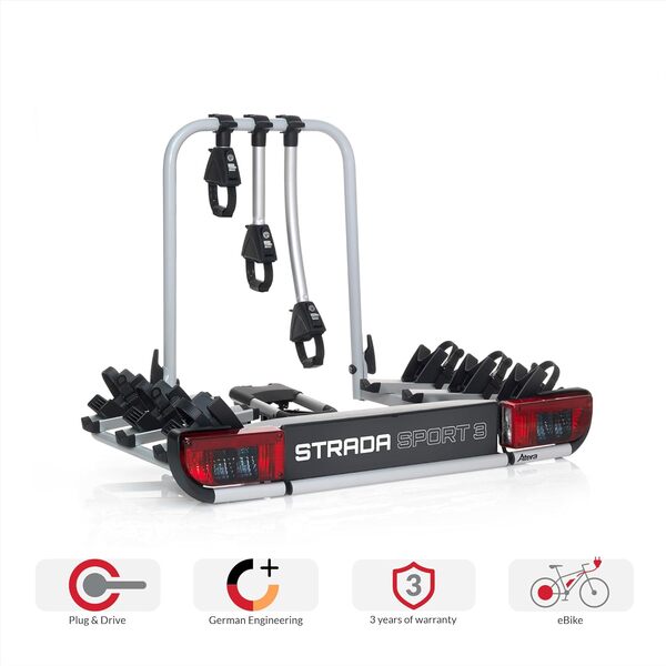 Atera 022695 VP Porte-vélos Strada Sport 3, Porte-vélos d'attelage de voiture avec feux - pour 3 vélos, E-Bikes - Black Edition