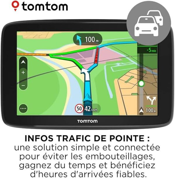 Tomtom GPS Voiture GO Basic, 6 Pouces, Info Trafic, Essai des Alertes de Zones de Danger, Cartes UE, Mise à Jour Via WiFi, Fixation Reversible Intégrée
