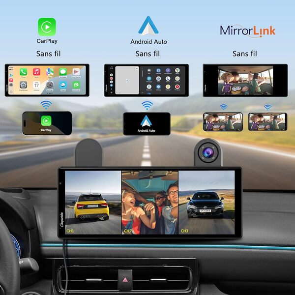 Carpuride W903S Cam embarquée Sans Fil Portable CarPlay Android Auto avec écran IPS HD, Cam Front 4K, Cam Arrière 1080p et Cam Infrarouge 1080p, Enregistrement en Boucle, Bluetooth, GPS, Siri, Musique