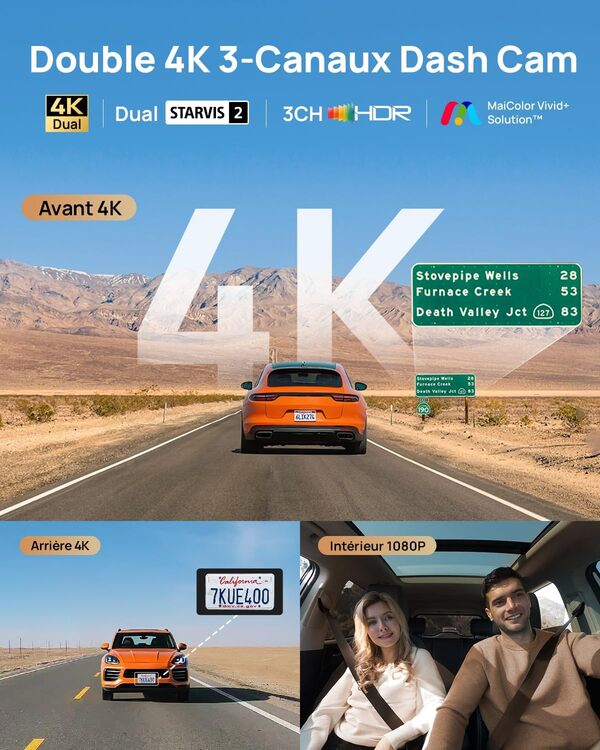 70mai Caméra Embarquée 4K T800 à 3 Canaux Double 4K+1080P Avant et Arrière, 3 Caméras HDR Dual STARVIS 2 Triples avec Vision Nocturne, Commande Vocale, 4G LTE, Détection de Mouvement par AI, GPS, APP