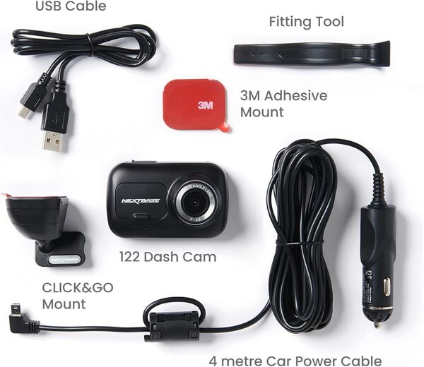 Nextbase® Caméra embarquée 122 Full 1080p 30fps HD Enregistrement en voiture Écran 2 pouces Grand Angle 120° Mode stationnement intelligent avec support innovant Caméra de voiture compatible avec