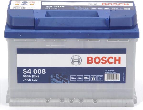 Bosch S4 008 Batterie Auto 74 A/h - 680 A - Batterie 12 V, Plomb-acide pour Véhicules sans Système Start/Stop, Polarité Gauche (-) Droite (+), 278 x 175 x 190 mm