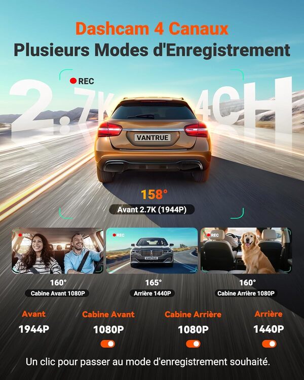 VANTRUE N5S 4-Canaux Dashcam Voiture 2.7K+1080P+1080P+1440P, 360 degrés STARVIS 2 5GHz WiFi GPS Caméra Embarquée, Contrôle Vocale Français 24h. Mode Parking Tampon, Module LTE Optionel, Max 1To