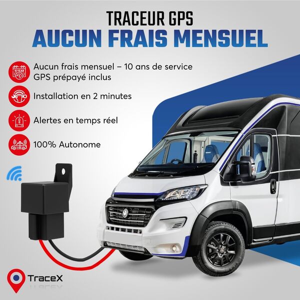 Traceur GPS sans abonnement – Pas besoin de recharge – Application et 10 ans de service inclus – Tracker GPS voitures, motos, camping-car, vans – Suivi en temps réel, alertes de mouvement