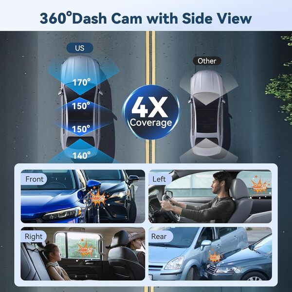Adelagnes Dashcam Voiture Avant Arrière 4-Canaux,5GHz WiFi Caméra Embarquée Voiture avec Carte SD 64G,Camera Voiture Grand Angle 170°,Vision Nocturne,WDR,G-Capteur,Enregistrement en Boucle