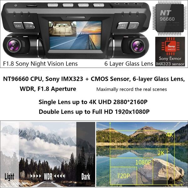 4K WiFi GPS Dashcam Voiture Avant et Arriere Double 360° Rotatif 340 Degres Wide Angle Caméra Surveillance Embarquée avec Sony WDR Vision Nocturne Carte Micro SD 128 GO ADAS Détection de Mouvement