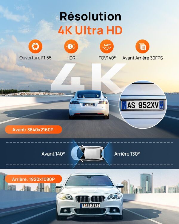 70mai Dash Cam 4k A800SE - Caméra Voiture Double (4K UHD Avant + 1080P arrière) avec GPS, Wi-FI, Carte SD 128GB, Ouverture F1.55, Vision Nocturne, ADAS, écran IPS 3