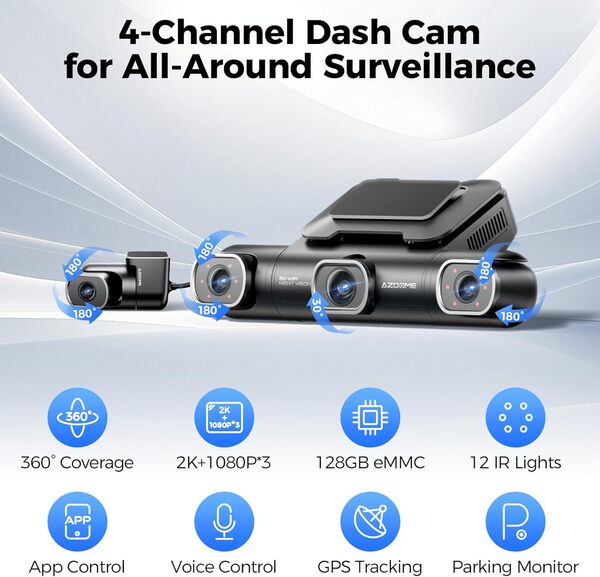 AZDOME Caméra embarquée 360° 4 canaux, eMMC 128 Go intégrée, 2K + 1080P*3 Dashcam avant et arrière intérieur gauche droite, contrôle vocal, caméra de tableau de bord WiFi 5G pour voitures avec 4