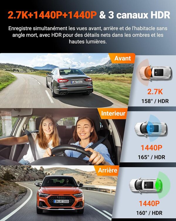 VANTRUE N4S Triple STARVIS 2 Dashcam Voiture 2.7K+2.5K+2.5K Avant et Arrière, 5GHz WiFi GPS Camera Embarquée Infrarouge, 3 Canuax HDR 360°, Contrôle Vocale Français, 10s Pré-Enregistrement, Max 1 to