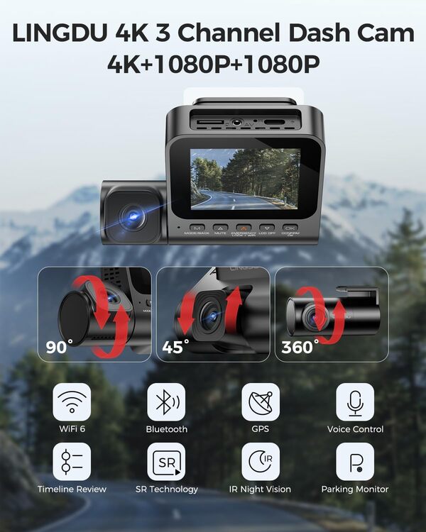 LINDU Dashcam Voiture 3 Caméras 4K+1080P+1080P, Caméra Voiture 360° avec GPS WiFi, Vision Nocturne IR, Mode Parking 24h, G-Sensor, Écran IPS 2,4’’, Carte SD 64Go Incluse, Jusqu’à 128Go(V630)