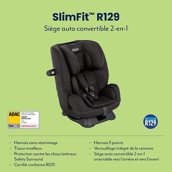 Graco SlimFit R129, siège-auto convertible 2-en-1, de 40 à 145 cm (de la naissance jusqu'à environ 12 ans), siège enfant dos à la route et face à la route, Noir, Midnight
