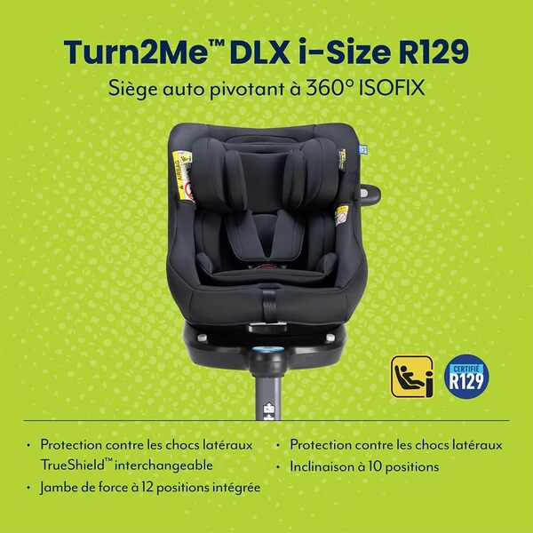 Graco Turn2Me i-Size DLX R129, siège-auto rotatif à 360° ISOFIX, de 40 à 105 cm (de la naissance jusqu'à environ 4 ans), harnais à 5 points et position allongée, barre anti-rebond, noir, Midnight