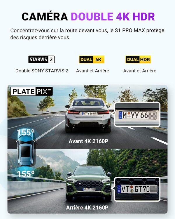 VANTRUE Dashcam Voiture S1 Pro Max 4K+4K Starvis 2 Avant et Arrière, Caméra embarquée 5G Wi-FI Dash Cam GPS 360° HDR Tampon Surveillance de stationnement,Contrôle Vocal Français，LTE en Option Max 1To