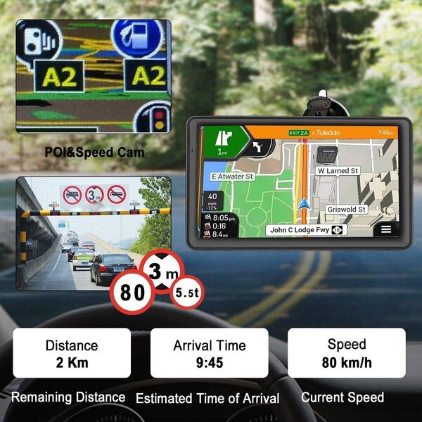GPS pour voiture, camion, poids lourd, navigation GPS HD de 22,9 cm avec cartes du Royaume-Uni et de l'Europe 2025, itinéraire personnalisé des camions, guidage de voie, instructions vocales étape par