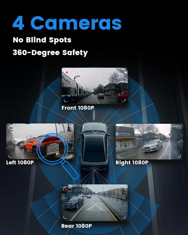 Sprleaf Caméra embarquée 4 canaux, caméra embarquée à 360° avec caméras avant et arrière, carte de 128 Go incluse, Wi-Fi 5G et contrôle par application, vision nocturne, WDR, mode stationnement 24
