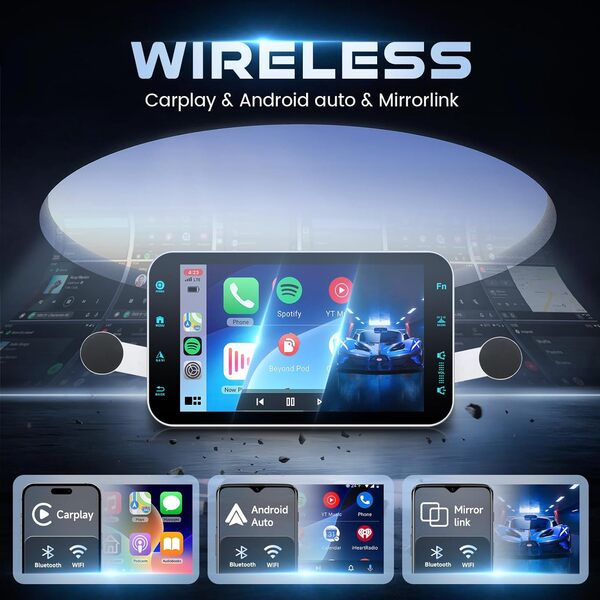 Hodozzy 4G+64G Android 1 Din Autoradio avec Carplay Android Auto sans Fil, Ecran Tactile 9 Pouces Post Radio Voiture avec Bluetooth, Navigation GPS, WiFi, Radio FM/RDS, DSP, SWC, Caméra