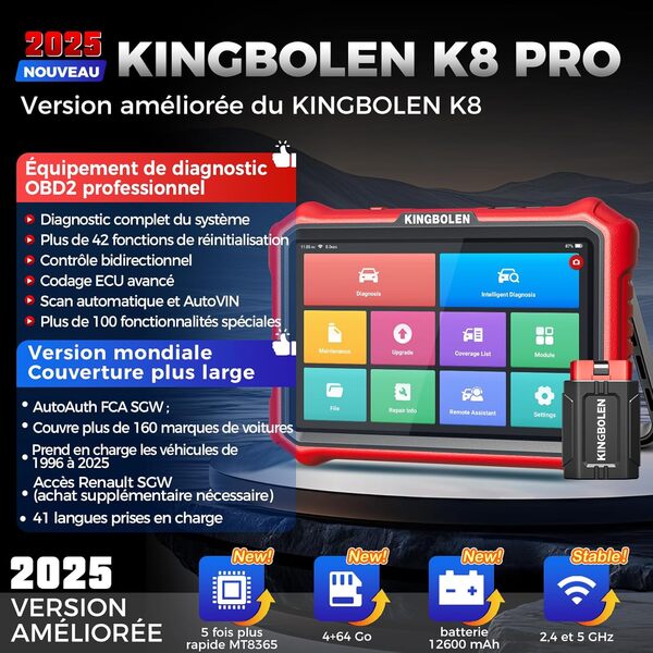 KINGBOLEN K8 Pro Valise Diagnostic Auto, OBD2 Diagnostic Français pour système Complet avec 42+ Réinitialisations, Codes ECU, Contrôle Bidirectionnel, CANFD＆DOIP, Mise à Jour Gratuite à Vie