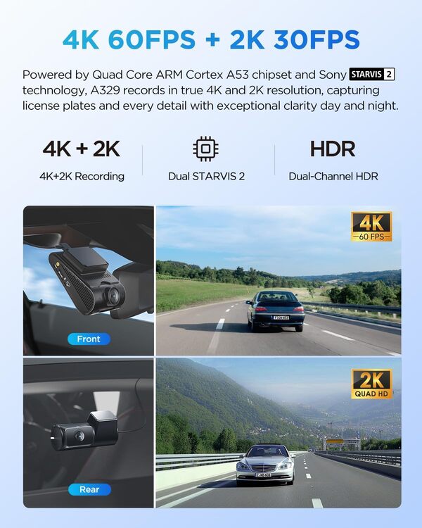 VIOFO A329 2CH 4K 60FPS/HDR 30FPS + 2K Tableau de Bord Avant et arrière, wi-FI 6 caméra de Voiture avec Double capteur STARVIS 2, contrôle Vocal, Filtre CPL Avant, Mode de stationnement Tampon