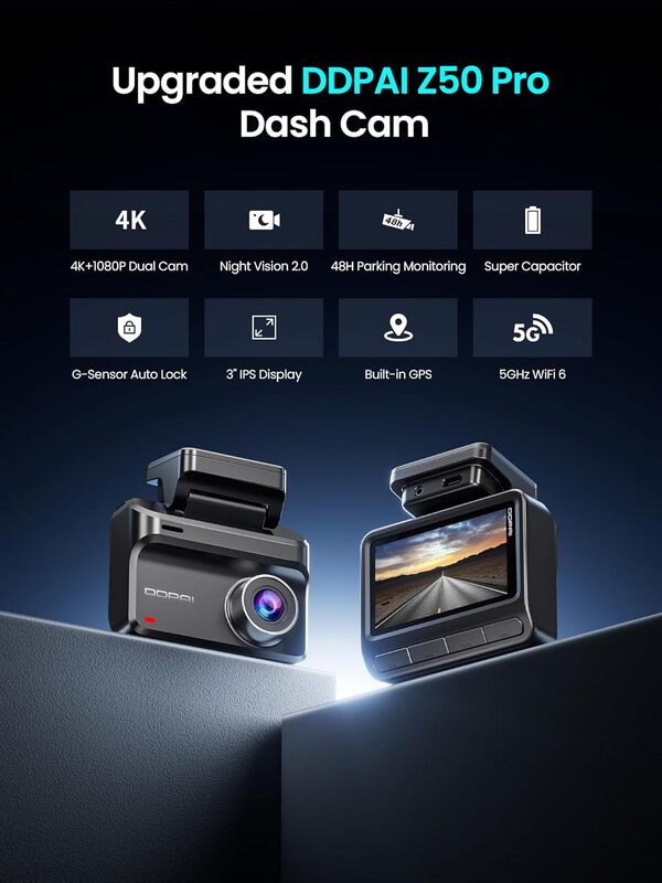 DDPAI Dashcam Voiture Avant Arrière, 4K + 1080P Camera Voiture, Carte 64 Go Incluse, Vision Nocturne AI-ISP, Compatible 4G LTE, WiFi 6 5GHz, GPS, Mode Stationnement 48H, Écran IPS 3