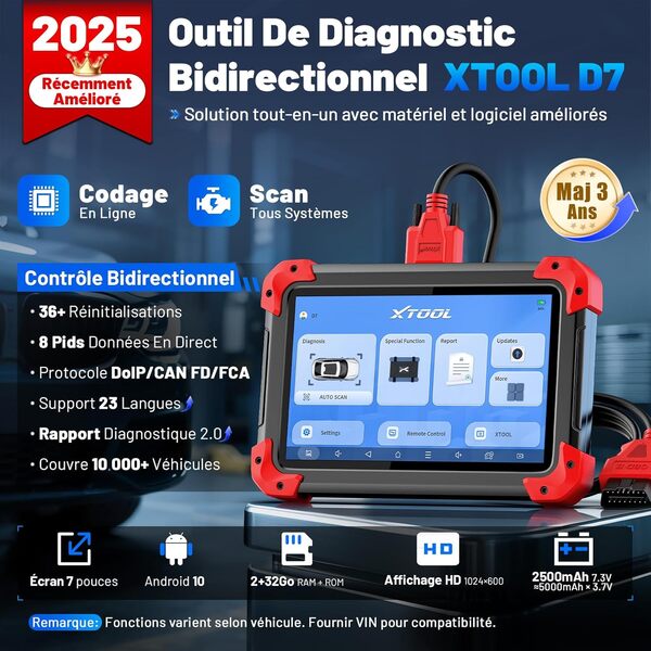XTOOL D7 OBD2 Valise Diagnostic Auto, Contrôle Bidirectionnel/Test Actif avec Codage ECU, Diagnostic Complet Système,FCA AutoAuth, 36+ Resets, ABS/EPB/SAS/BMS, CANFD/DOIP, Mise à Jour 3 Ans