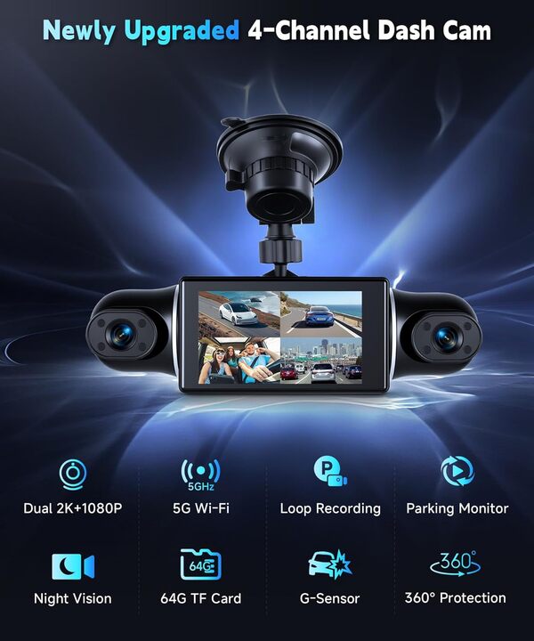 2K Wi-FI Dashcam Auto avec Écran IPS de 3 Pouces Dash Cam Auto avec Vision Nocturne, SD 64GB Inclus, G-Sensor, 24H Mode Parking, Enregistrement en Boucle, Assistant de Recul