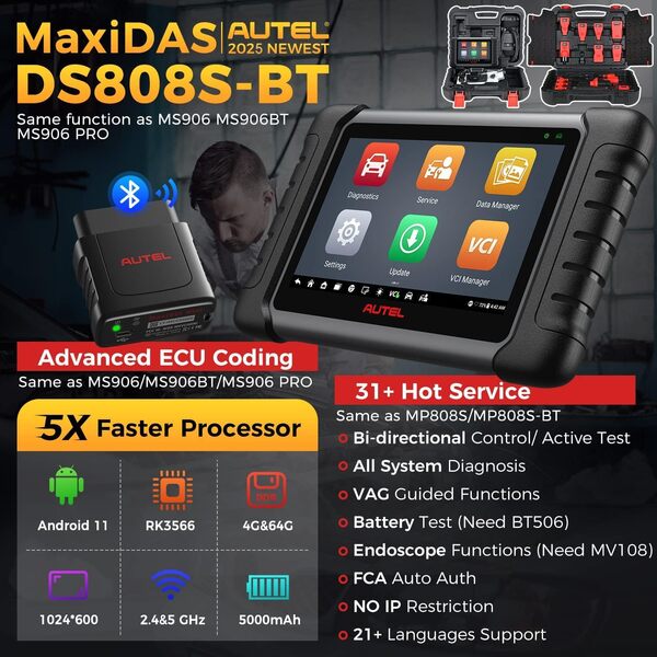 Autel MaxiDAS DS808S-BT KIT Diagnostic Auto, Plus 11 Adaptateurs [€180], Nouveau Modèle de MP808BT Pro MP808S DS808K DS808, Codage ECU & Outil Bidirectionnelle comme MS906 Pro MS906BT, 32+ Service